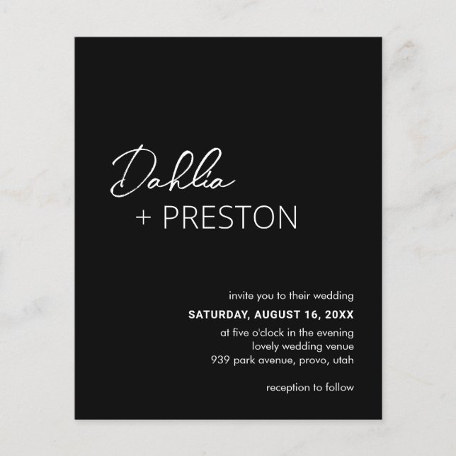 Convite de Casamento Minimalista Preto Moderno e E (Frente)