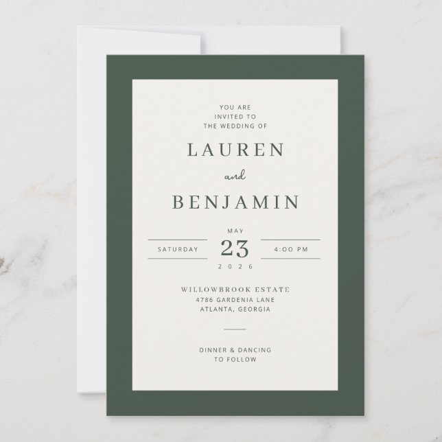Convite de Casamento Minimalista Verde Elegante (Frente)