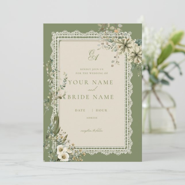 Convite de Casamento Minimalista Verde Eucalipto (Em pé/Frente)