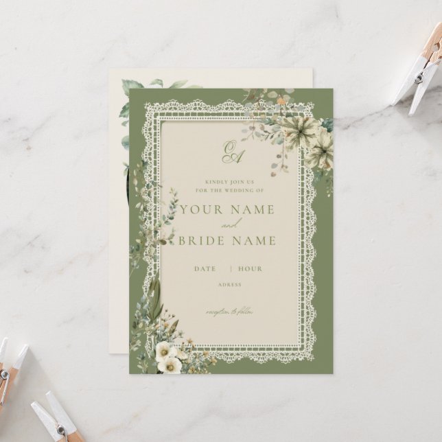 Convite de Casamento Minimalista Verde Eucalipto (Frente/Verso In Situ)