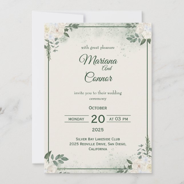 Convite de Casamento Minimalista Verde Oliva (Frente)