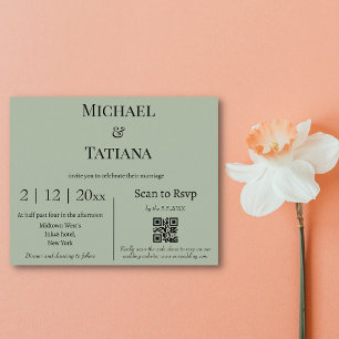 Convite de Casamento Minimalista Verde Sage com QR