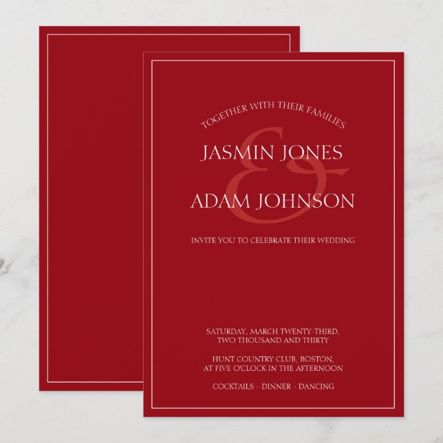 Convite de Casamento Minimalista Vermelho Carmesim (Frente/Verso)