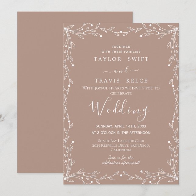 Convite de Casamento Mínimo Neutro de Folha (Frente/Verso)