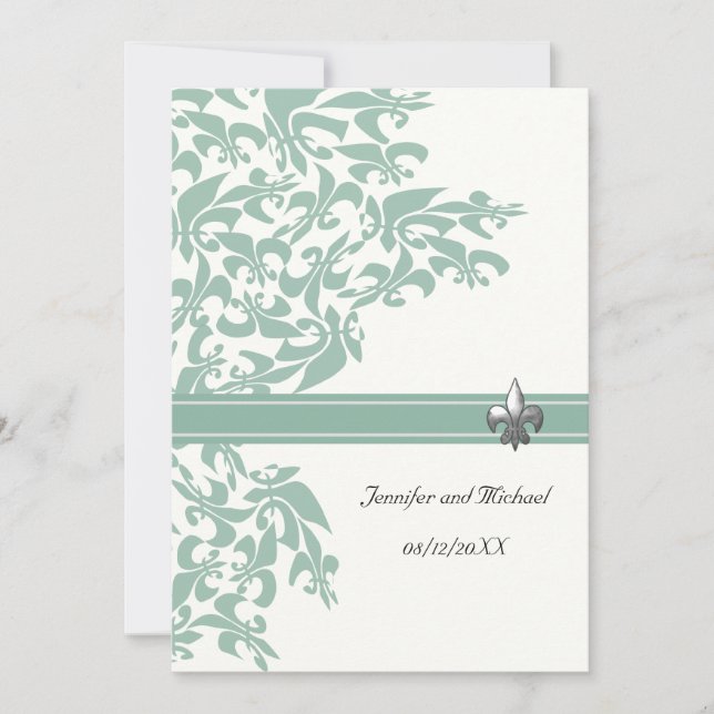 Convite de casamento Mint e White Fleur de Lis Des (Frente)