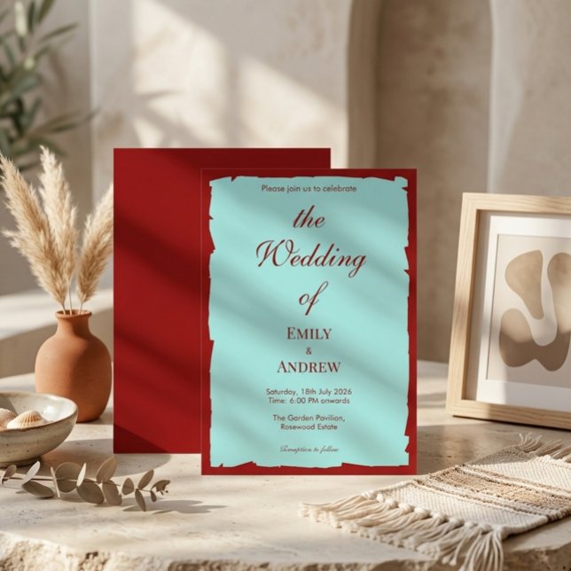 Convite de Casamento Moderno Aqua Teal e Vermelho  (Criador carregado)