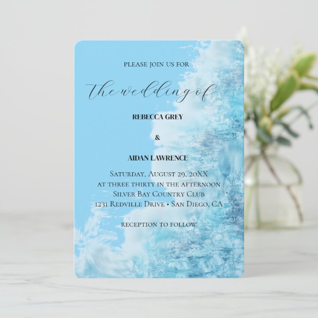 Convite de Casamento Moderno Aquarela Azul (Em pé/Frente)