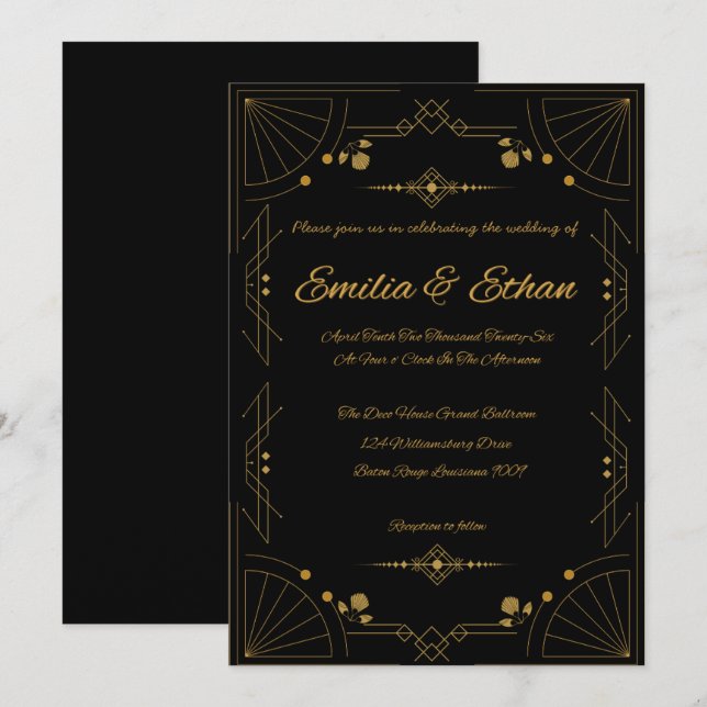 Convite de Casamento Moderno Art Déco Preto e Dour (Frente/Verso)