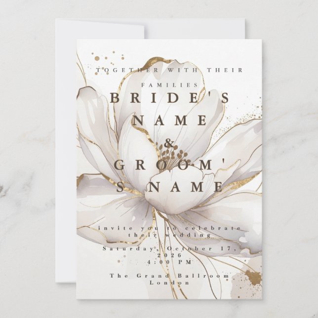 Convite de Casamento Moderno Branco Magnólia Doura (Frente)