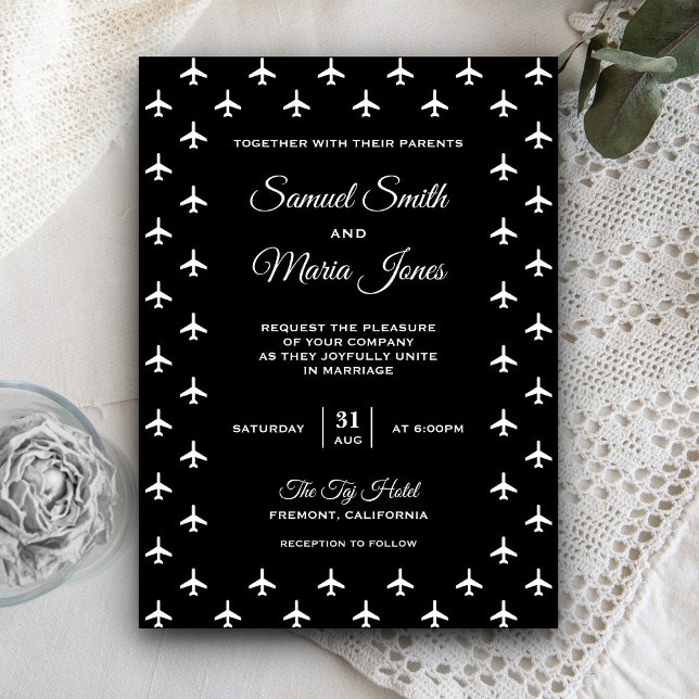 Convite de Casamento Moderno com Aviões Preto e Br (Criador carregado)