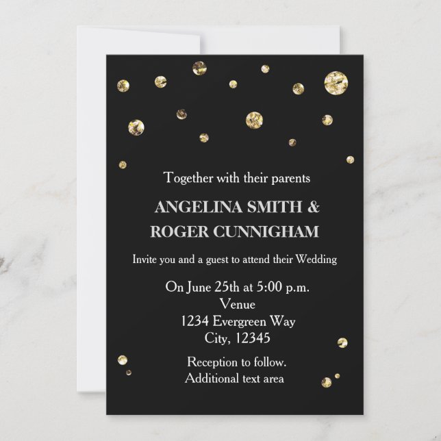 Convite de Casamento Moderno com Brilho Preto e Do (Frente)