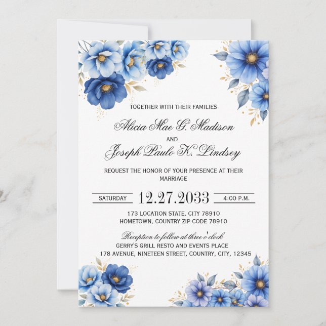 Convite de Casamento Moderno com Florais Azul Mari (Frente)