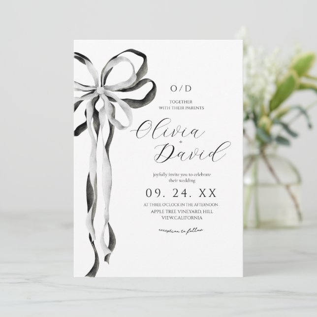 Convite de Casamento Moderno com Laço Preto Minima (Em pé/Frente)