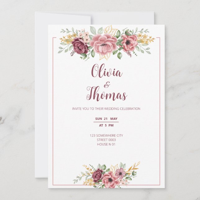 convite de casamento moderno com rosas rosa roxo (Frente)