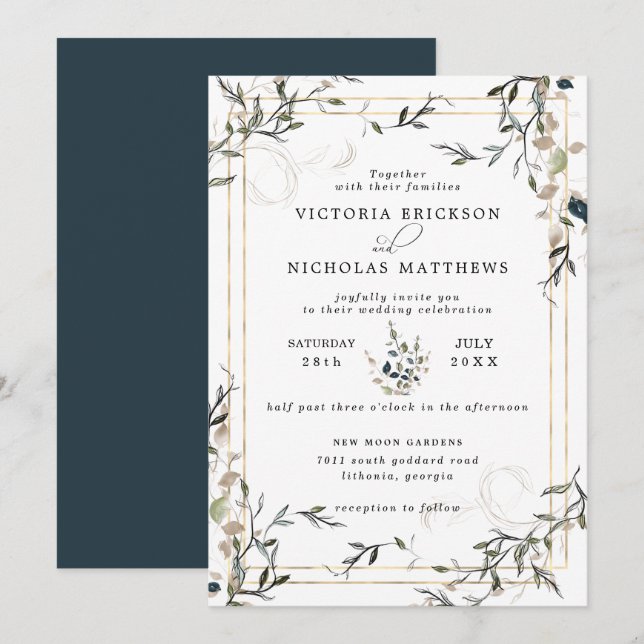 Convite de Casamento Moderno com Vegetação de Prim (Frente/Verso)