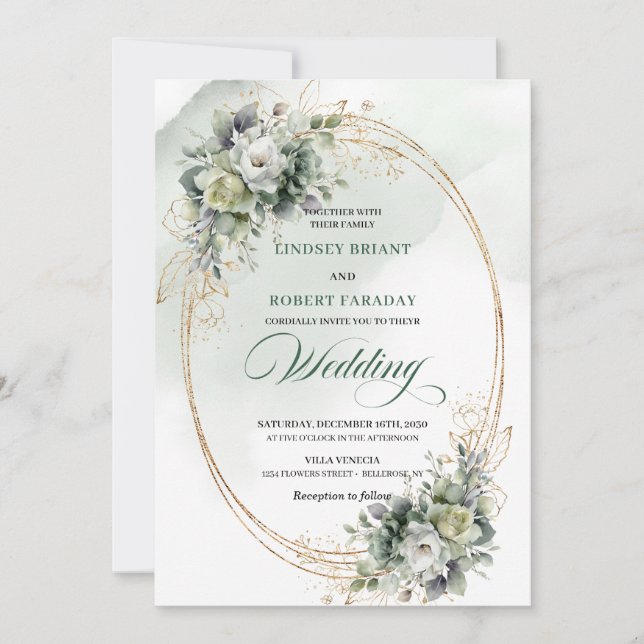 Convite de Casamento Moderno com Verde e Dourado (Frente)