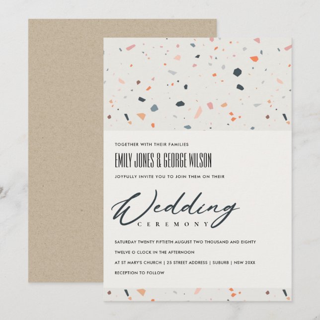 CONVITE DE CASAMENTO MODERNO DE PADRÃO TERRAZZZO M (Frente/Verso)