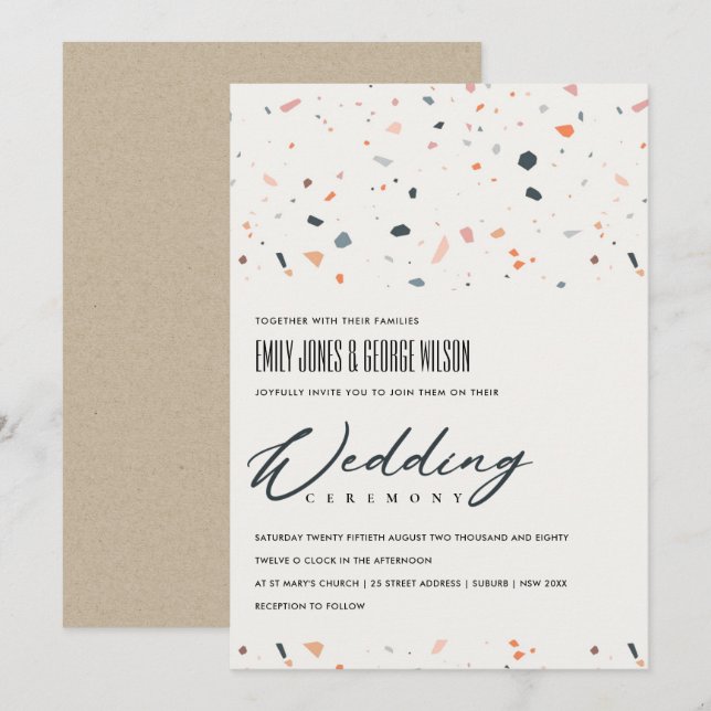 CONVITE DE CASAMENTO MODERNO DE PADRÃO TERRAZZZO M (Frente/Verso)