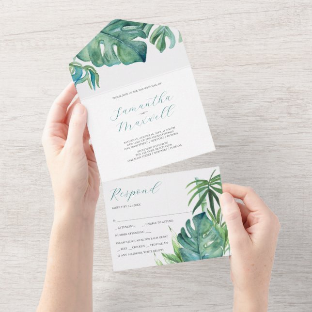 Convite de Casamento Moderno de Palma Tropical Tud (Aba destacável)