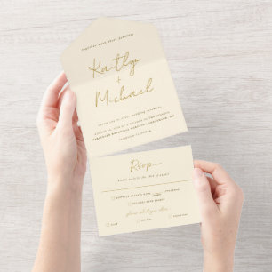 Convite de Casamento Moderno Dourado Creme com RSV