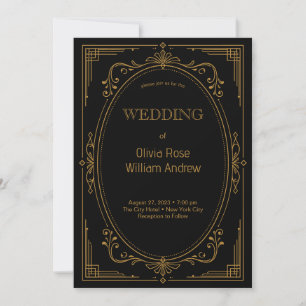 Convite de Casamento Moderno Dourado Preto Deco