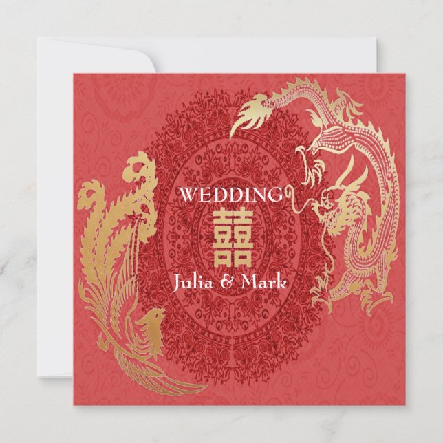 Convite de Casamento Moderno Dragão-Fênix Chinês V (Frente)