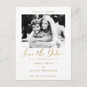 Convite de casamento moderno em foto branco e dour