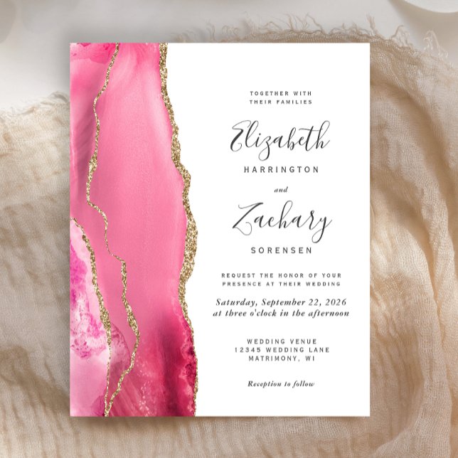 Convite de Casamento Moderno em Pink Gold Agate co (Criador carregado)