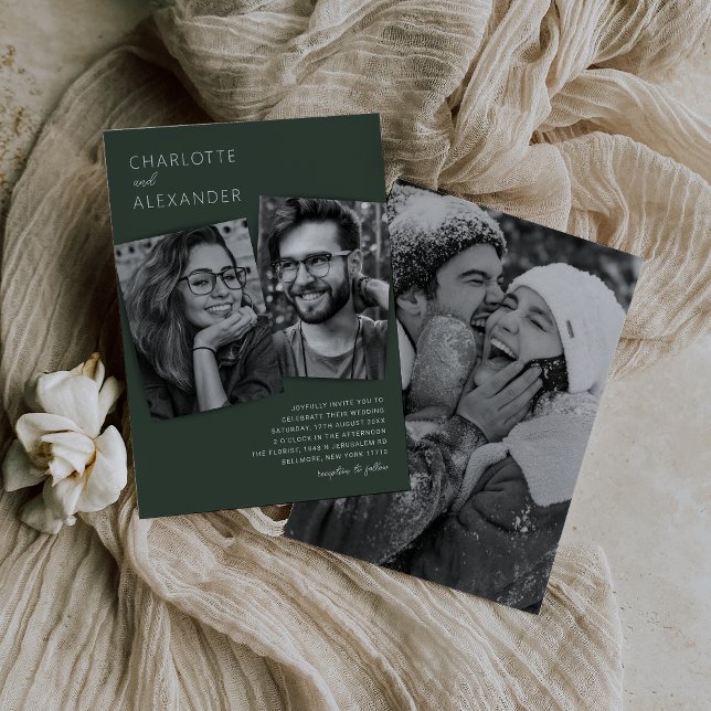 Convite de Casamento Moderno em Verde Musgo com Fo (Criador carregado)