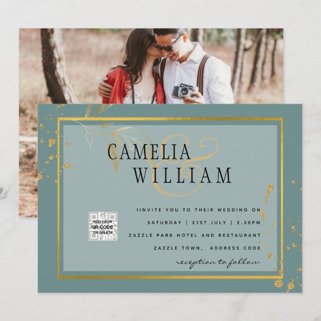 Convite de Casamento Moderno FOTO com QR CODE Rsvp (Frente/Verso)