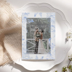 Convite de Casamento Moderno Foto Floral Azul