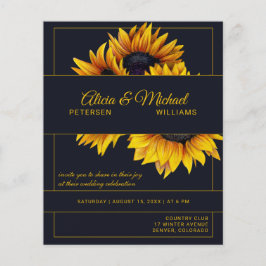 Convite de casamento moderno girassóis azul marinh