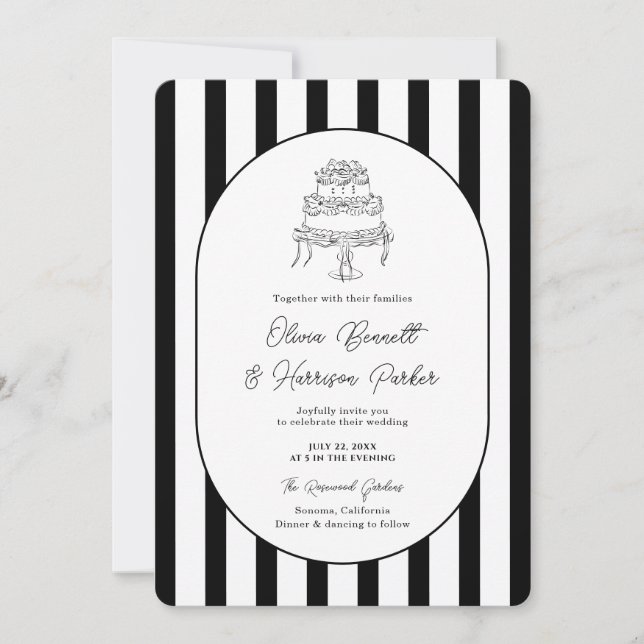 Convite de Casamento Moderno Listrado Preto e Bran (Frente)