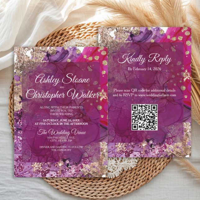Convite de Casamento Moderno Magenta Roxo Dourado  (Elegant and modern magenta, purple and gold glittery wedding invitation with QR code)