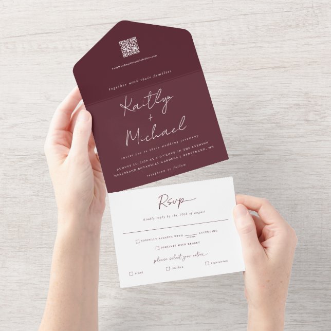 Convite de Casamento Moderno Merlot Borgonha Tudo  (Aba destacável)