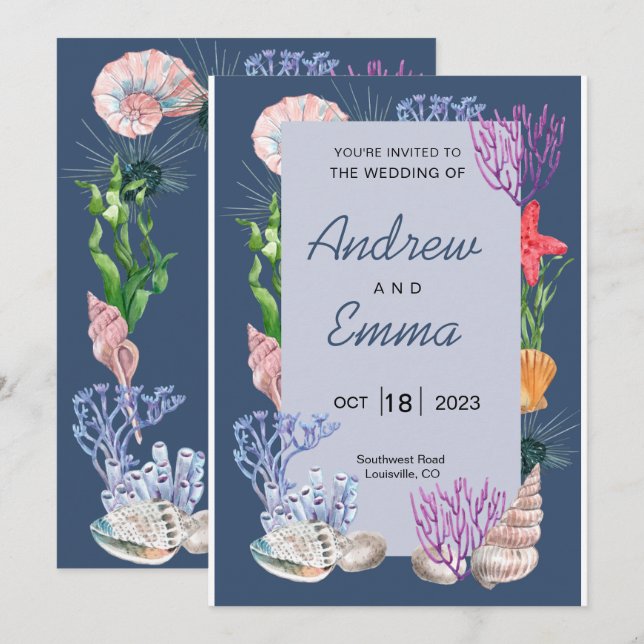 Convite de Casamento Moderno Oceano Azul Debaixo d (Frente/Verso)
