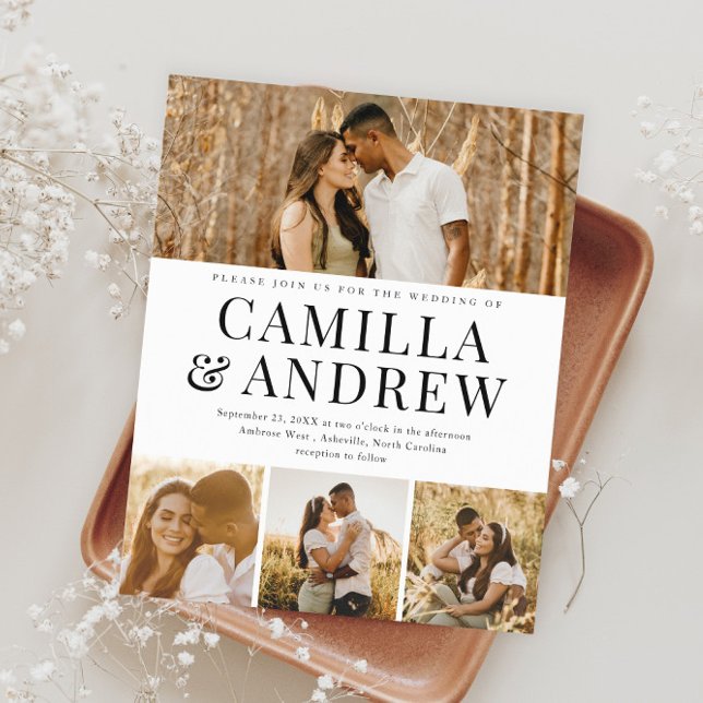 Convite de Casamento Moderno Orçamento 4 Fotos Ele (Modern Typography Budget Photo Wedding Invitations.)