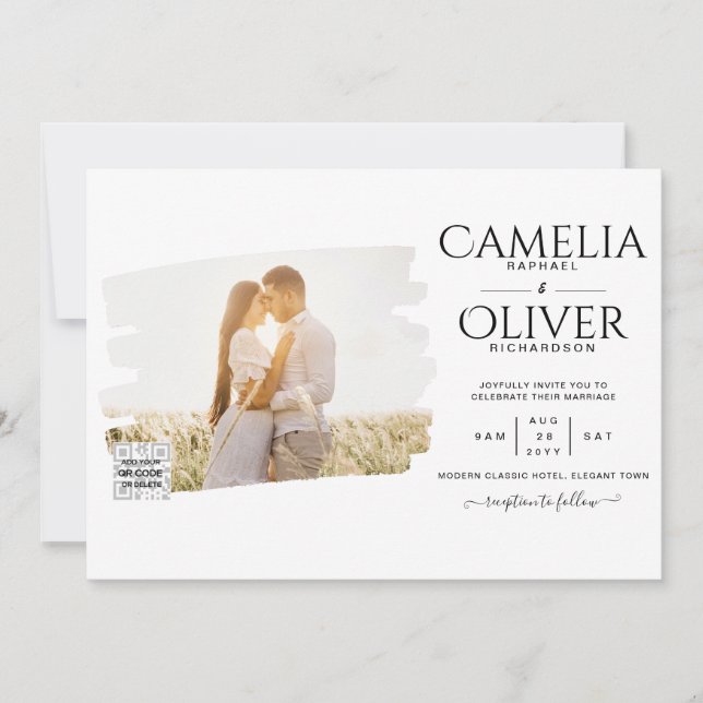 Convite de Casamento Moderno Preto e Branco COM QR (Frente)