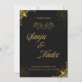 Convite de Casamento Moderno Preto e Dourado Elega