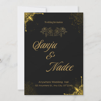 Convite de Casamento Moderno Preto e Dourado Elega
