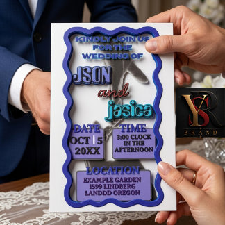 Convite de Casamento | Moderno Quadro Ondulado Azu