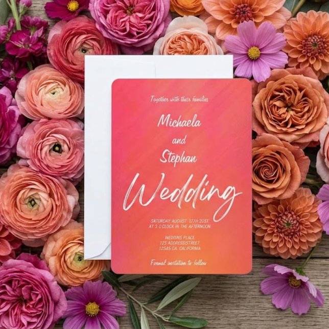 Convite de Casamento Moderno Rosa e Laranja Pôr do (Criador carregado)