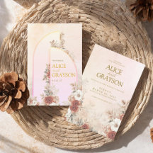 Convite de Casamento Moderno Rosa Floral Boho Arco