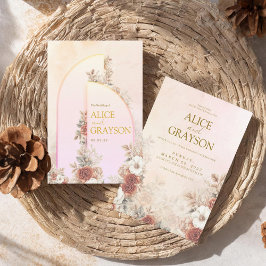 Convite de Casamento Moderno Rosa Floral Boho Arco