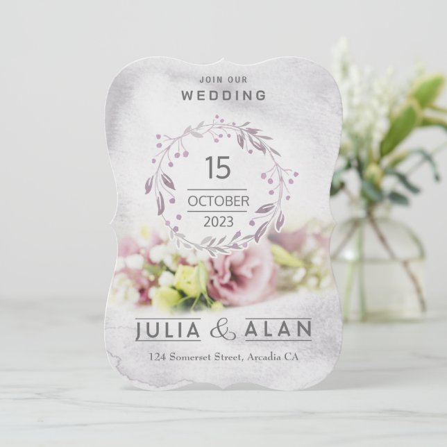 Convite de Casamento Moderno Rosa Floral Elegante (Em pé/Frente)