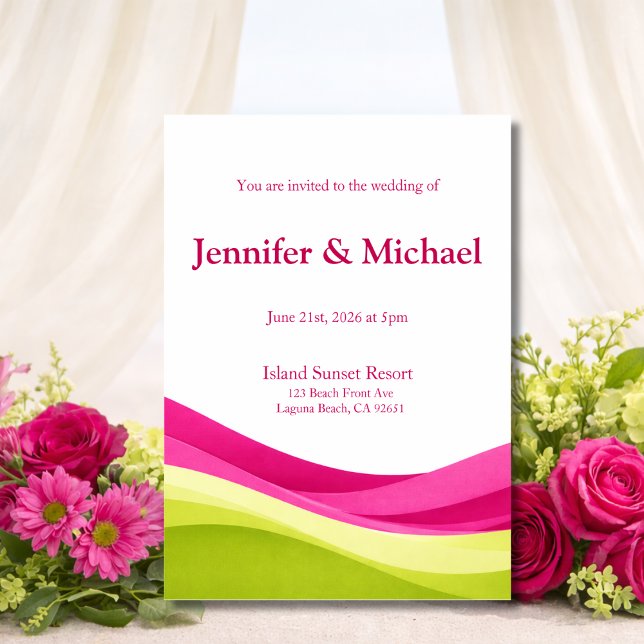 Convite de Casamento Moderno Rosa Fúcsia e Verde L (Fuchsia and Lime Green Modern Wedding  Invitation)