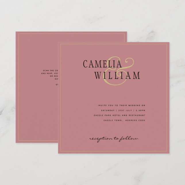 Convite de Casamento Moderno Rosa Poeira (Frente/Verso)