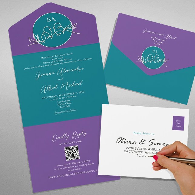Convite de Casamento Moderno Roxo Azul com Código  (Criador carregado)