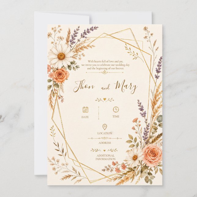 Convite de Casamento Moderno Rustico Floral (Frente)