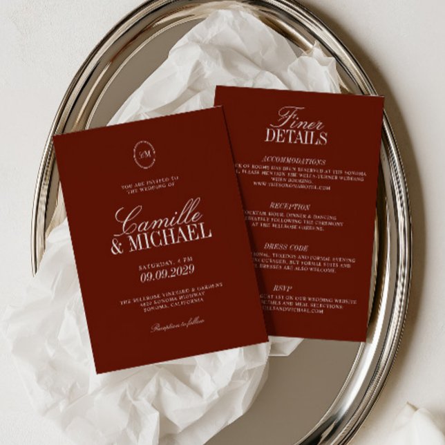 Convite de Casamento Moderno Vermelho Terracota Tu (Deep Red Terracotta All in One Modern Wedding Invitation)